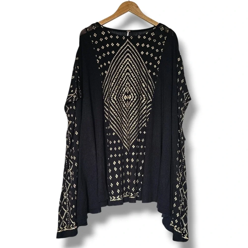 Free People Poncho L Women Black Gold Metallic Lightweight Oversized Draped Chic